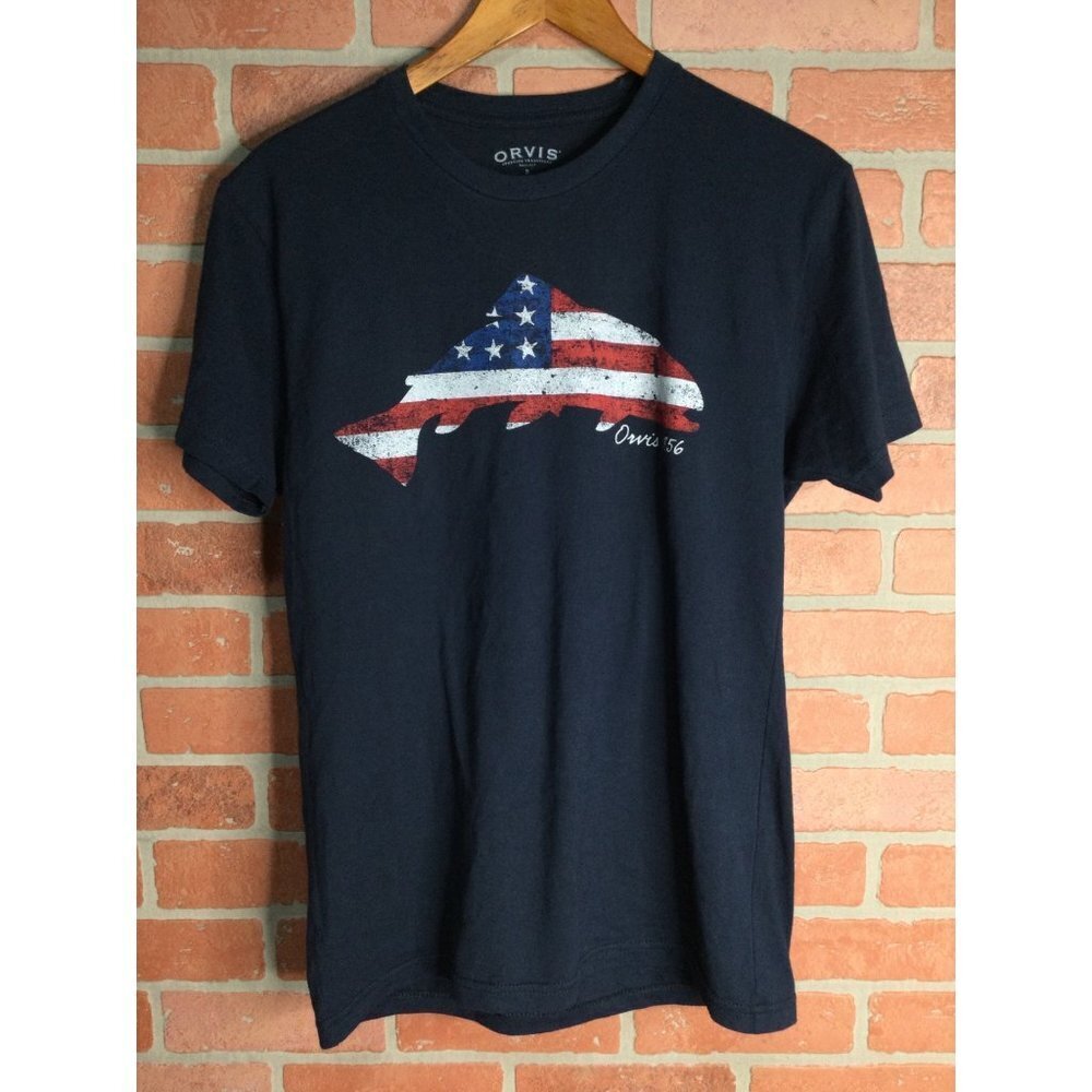Orvis T-Shirt USA Fish Flag Graphic Print Patriotic Tee Short Sleeve Blue Small